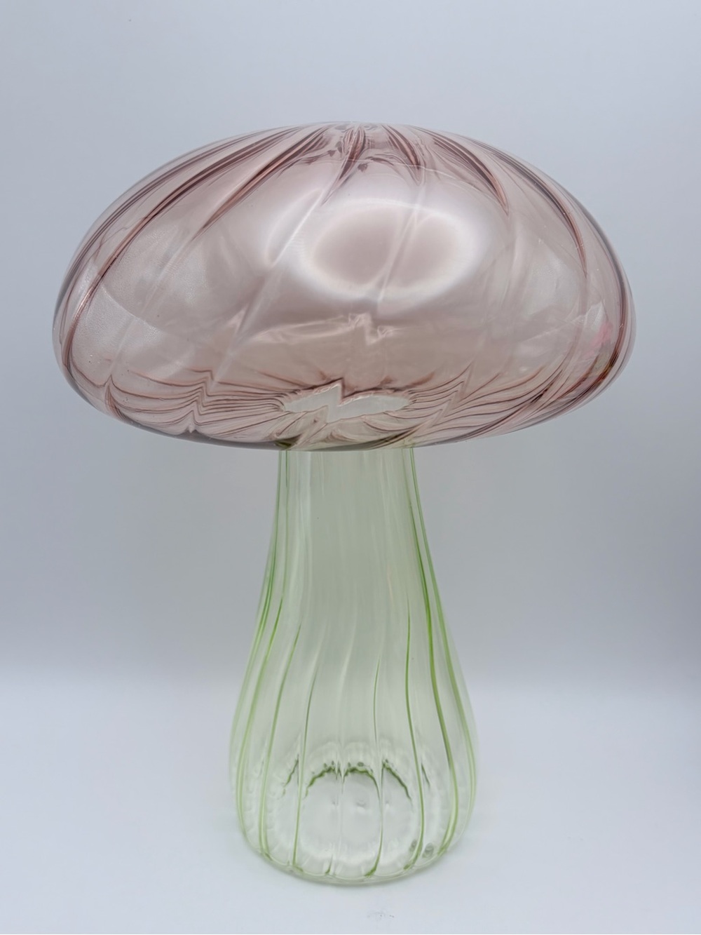 Cupcakes and Cashmere, Pink/Green Glass Mushroom Ribbed Figurine 8.5” Tall